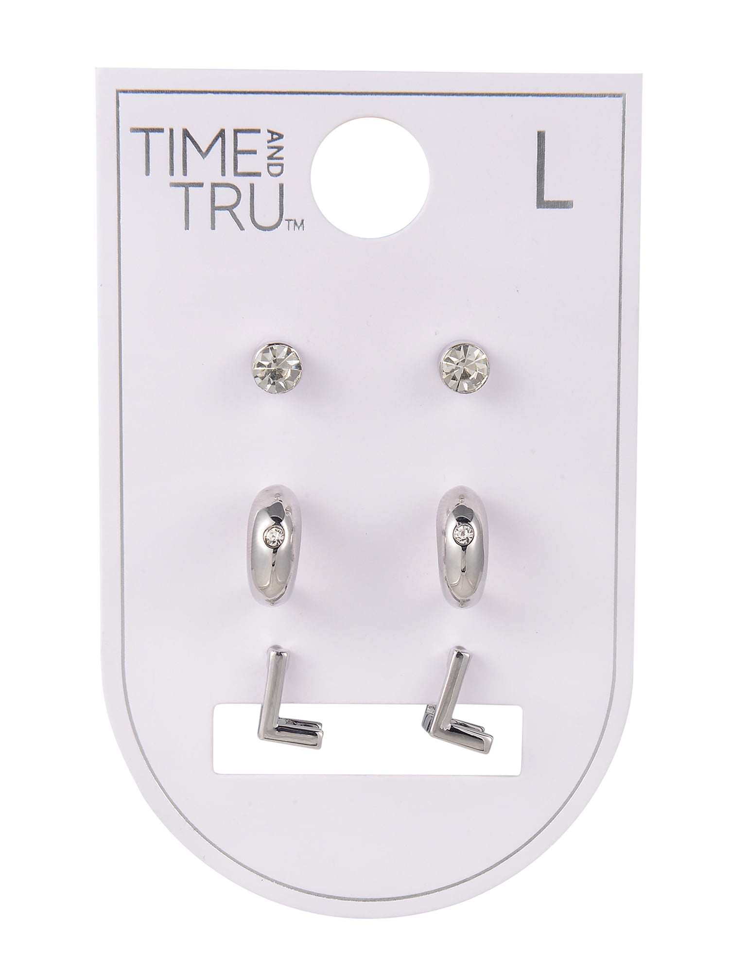Time and Tru Silvertone 3-On Crystal Stud, Hoop, Initial "L" Earring Set