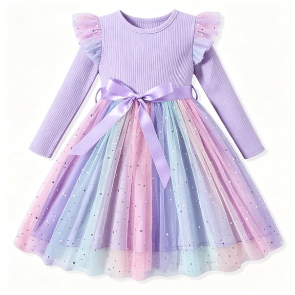 Lanbubble Toddler Girls Tulle Tutu Dress Long Sleeve Sequin Party Dress Fall Winter Clothes 2-6Y