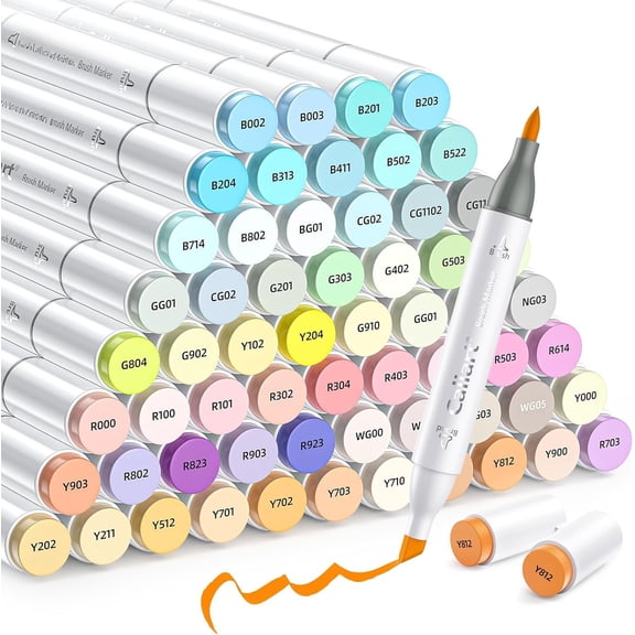 Markers Brush Tip, 61 Colors Pastel Art Marker Set Dual Tip Chisel & Brush, with Case Permanent Based Colored Pens for Adult Coloring Books Artists Drawing Supplies Gifts