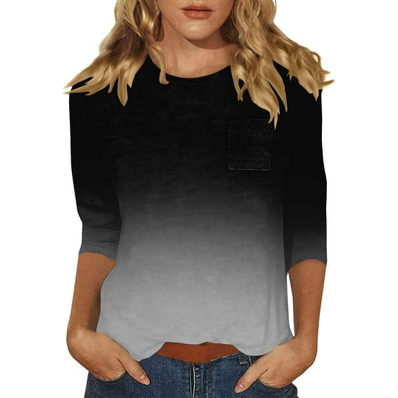Yigetop Ladies Blouses 3/4 Length Sleeve Womens Tops Casual Loose Fit Crewneck T Shirts Cute Solid Three Quarter Length Tunic Tops Elbow Sleeve Tops Women Black L