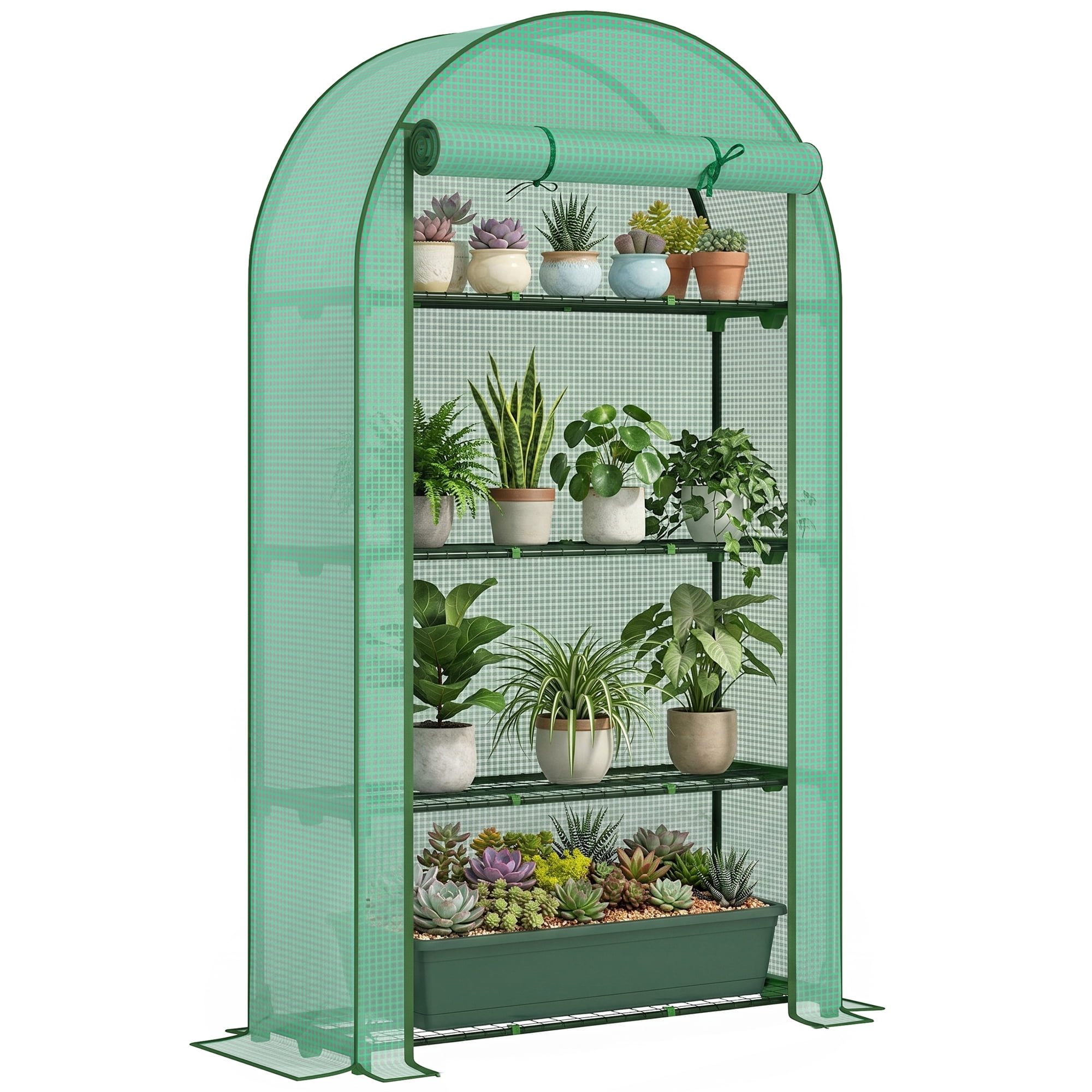 Outsunny 4 Tier Mini Greenhouse, Portable Greenhouse with Roll-Up Door, and Weatherized Plastic Cover, Green