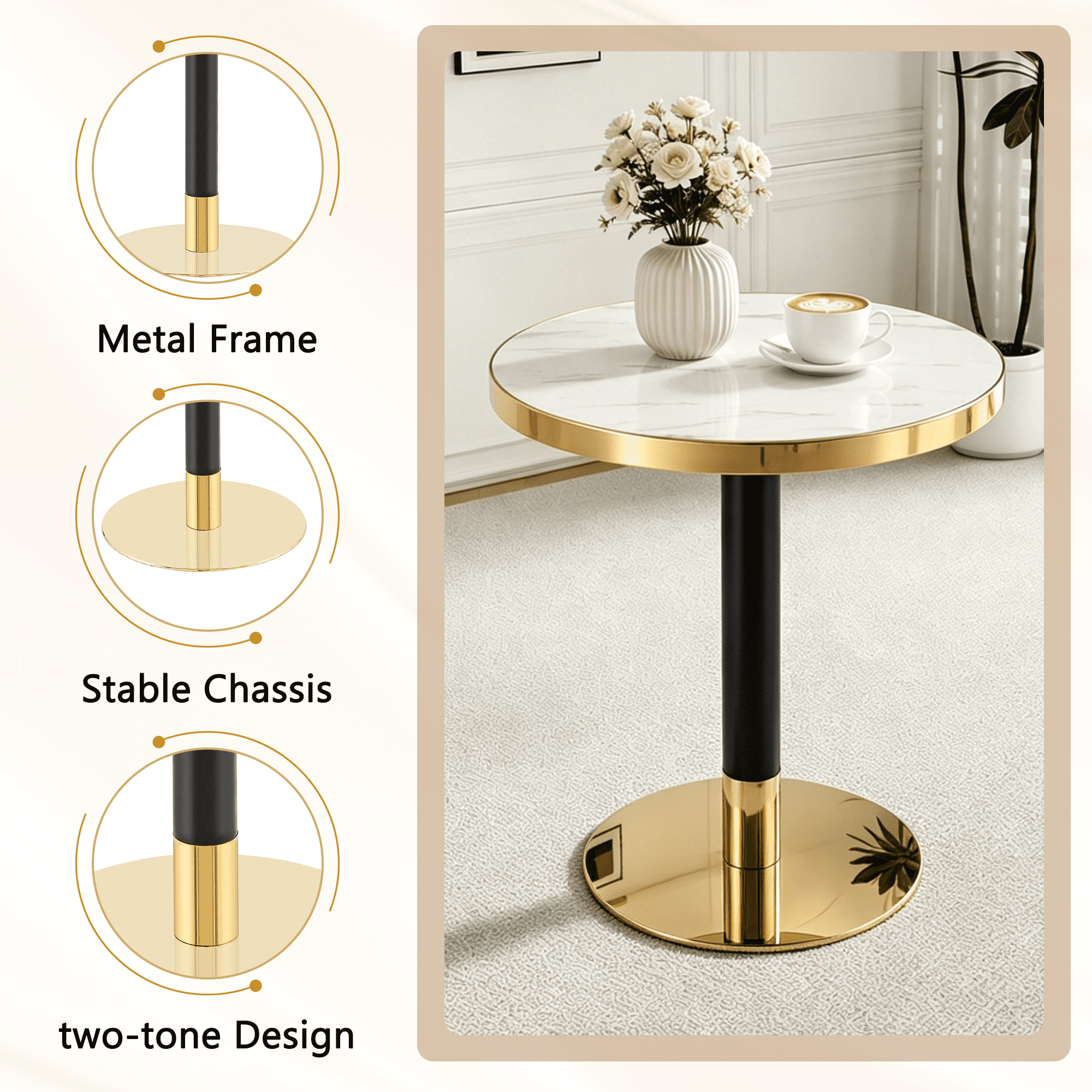 23.6" Round MDF sprayed with UV paint countertop, marble texture, stainless steel edging, metal table legs, modern light luxury edge/coffee table.
