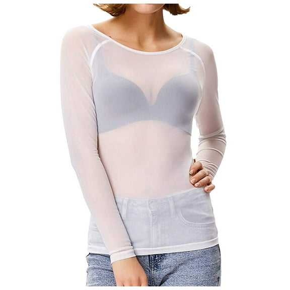 Arlun Mesh T Shirts for Women Long Sleeve Crew Neck Stretch Fitted Tops Thin Bodycon Clubwear Sheer Pure Breathable Comfy Pullovers Night out Wear White XL