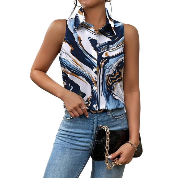 Zeagoo Sleeveless Blouses for Women Summer Casual Button Down Shirts Flower Tank Tops Fashion