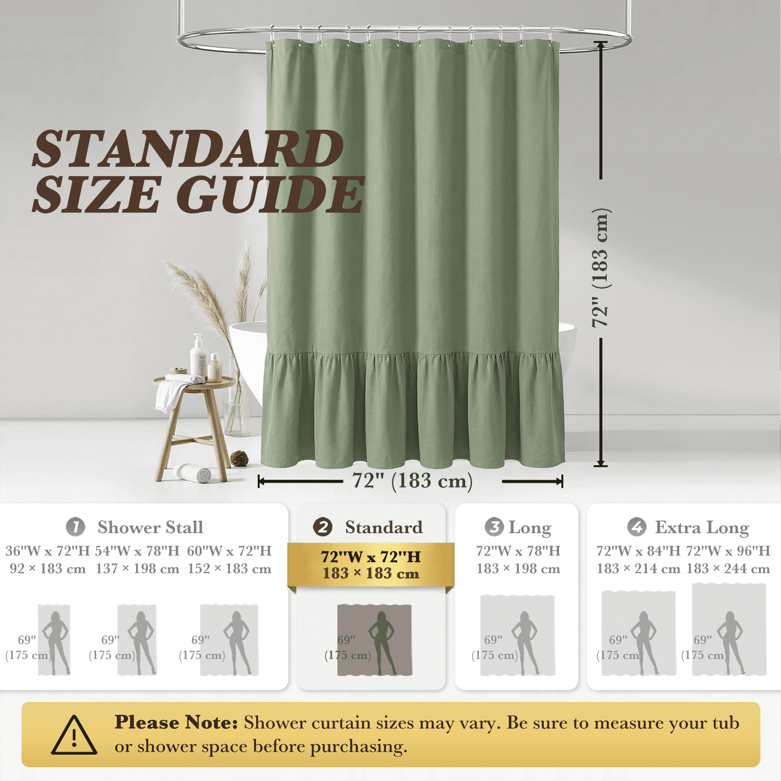 NixiYa Farmhouse Shower Curtain Ruffle Linen Shower Curtain for Bathroom 72"x72" Green