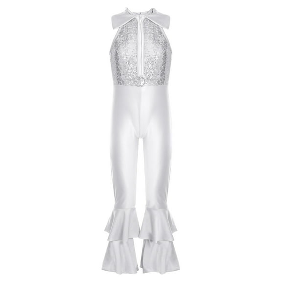 YONGHS Kids Girls Metallic Shiny Gymnastics Leotard Bell-bottom Full Body Bodysuit Jazz Dance Costume Silver 12