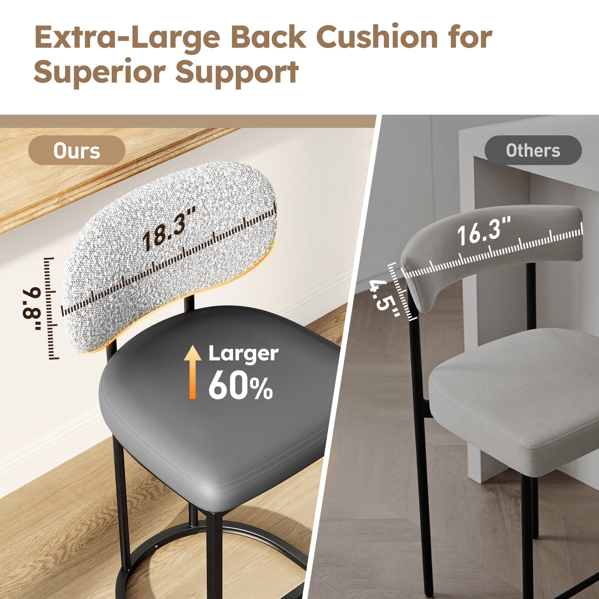 MF Studio Counter Height Bar Stool with Back Set of 3, 24.8" Modern PU Upholstered Bar Chair with Large Chenille Back and Metal Frame, Gray