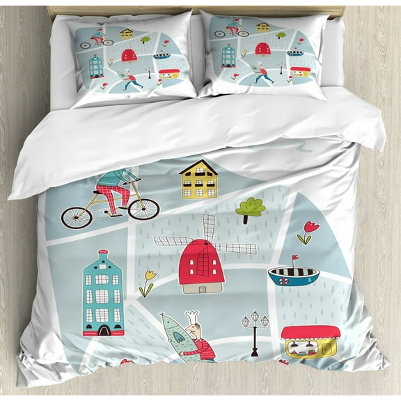 Amsterdam Duvet Cover Set King Size, Doodle Style Composition of Men Houses Windmills Tulips Country View, Decorative 3 Piece Bedding Set with 2 Pillow Shams, White and Multicolor, by Ambesonne