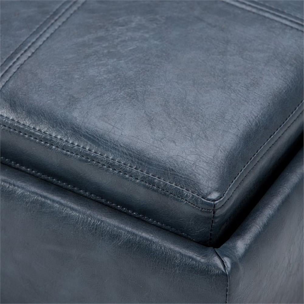 Simpli Home Rockwood 17 inch Wide Contemporary Square Cube Storage Ottoman with Tray in Denim Blue Vegan Faux Leather, Assembled