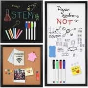 Dry Erase Whiteboard, Cork Bulletin Board, Chalkboard with Natural Wood Black Frame, 3 Pieces, 12" x 12" and 24" x 12",