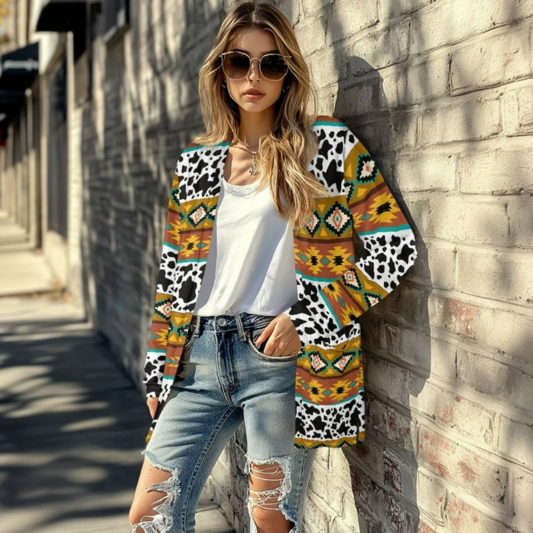 SCRAWLGOD Aztec Tribal Women Long Cardigans Lightweight Cow Print