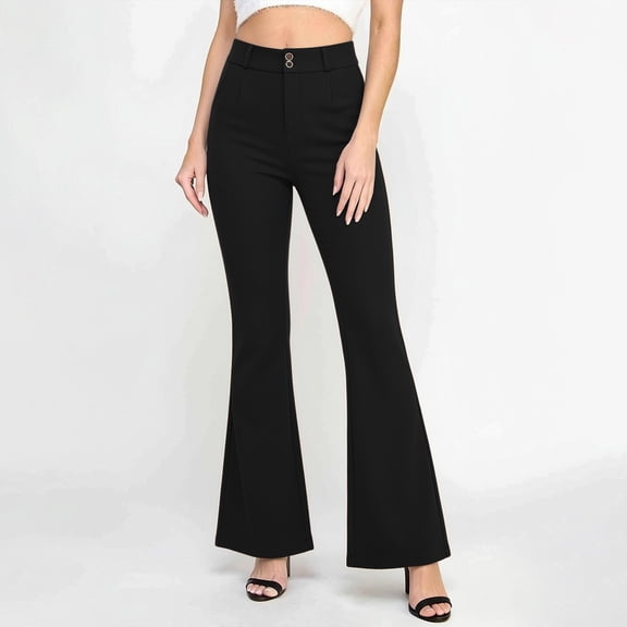 Utoimkio High Waist Double Button Bootcut Dress Pants for Women Front Pleated Solid Slim Fit Office Business Flared Trousers with Side Slip Pockets