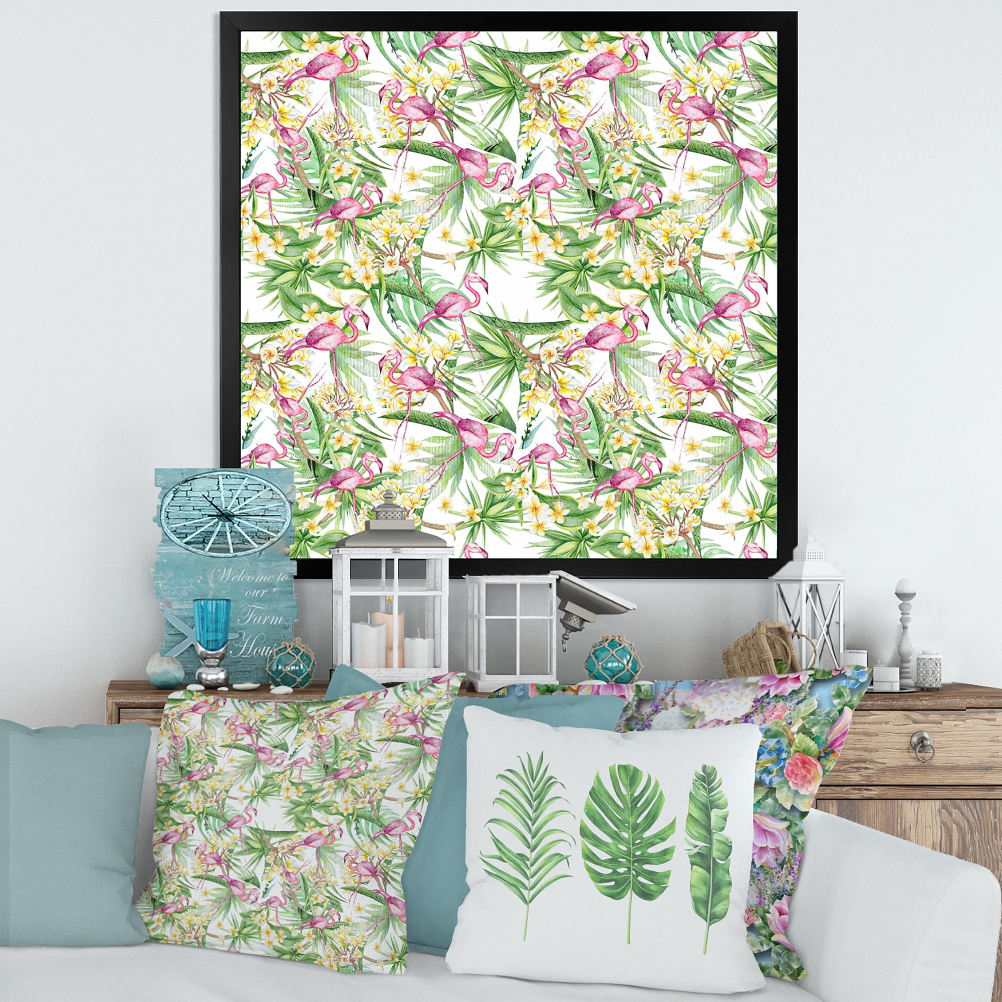 Designart 'Yellow Flowers, Tropical Foliage With Flamingo II' Modern Framed Art Print