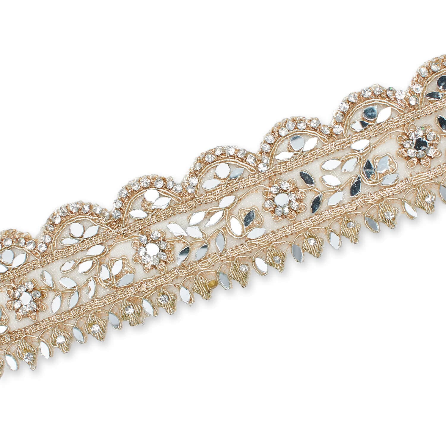Lace Trim 2 in. Mirror Diamond Rhinestone Reflective Metallic Cording On Sheer Polyester Mesh - Champagne (1 Pack, 9.8 Yards)