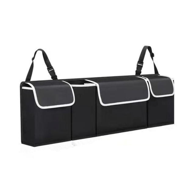Car Back Seat Organizer & Trunk Storage Bag, Multi-Pocket Auto Accessory for Rear Luggage Compartment, Adjustable Straps, Black