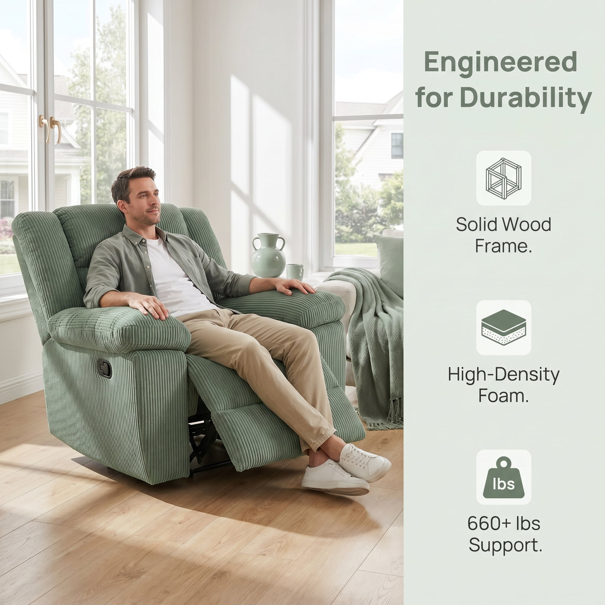 Corduroy Sectional Sofa Set, 3-Piece Soft Green Sofa Manual Recliner Couch with Loveseat & Recliner Chair, Built-in Cup Holders, Storage Console & Fold-Down Table, Plush Couch Set for Living Room
