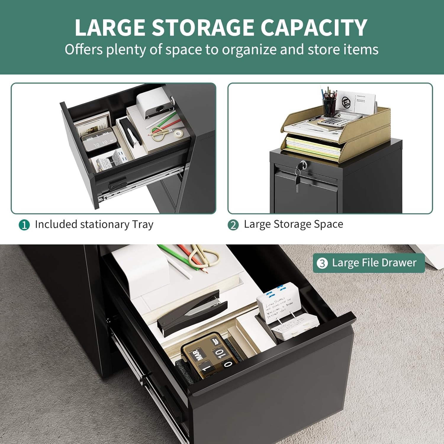 M optimized 4 Drawer File Cabinet with Lock, Metal Vertical Filing Cabinets for Home Office, Heavy Duty File Storage Cabinet, Black