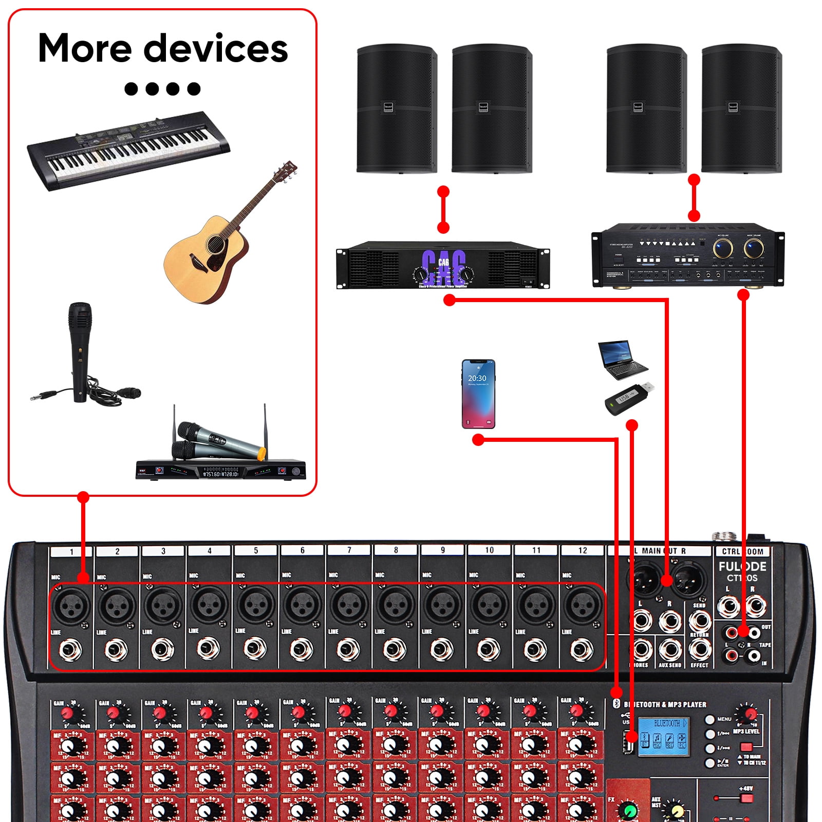FULODE CT120S 12channel mixer audio,Console with Bluetooth USB, dj mixer,dj equipment for Computer Recording Input, 48V Power, Beginners
