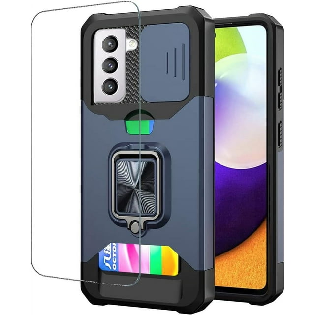 LAICAIW Compatible for Samsung Galaxy S21 Plus Phone Case with Screen Protector Card Holder Stand Kickstand Heavy Duty Shockproof Hybrid Rugged Drop Protective Cover for Women Men Girls 6.7 inch Blu
