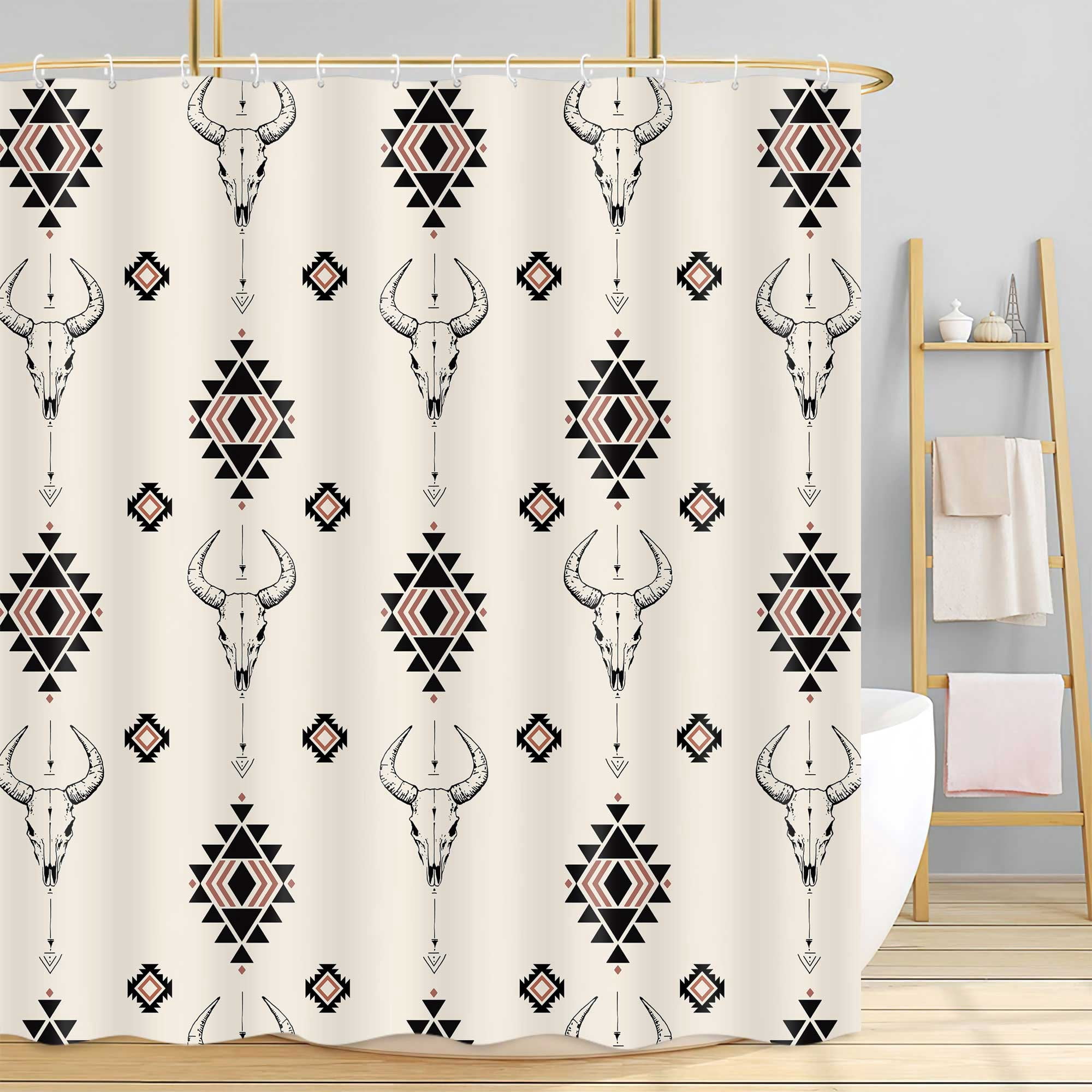 Southwest Bull Skull Cow Shower Curtain, Western Beige Bath Curtain, Boho Farmhouse Bathroom Accessories Aztec Geometric for Bathroom Bath Curtain Set with Hooks, 72X72in