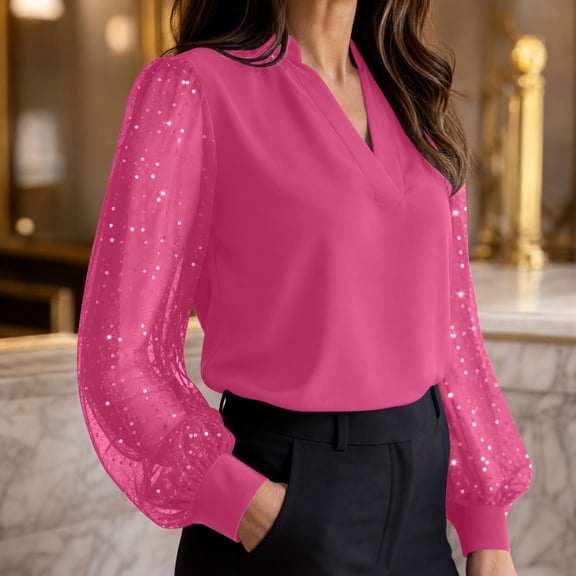 Kadlawus Women Loose Fit V Neck Long Sleeve Blouse Elegant Casual Sequins Pullover Tops for Daily Office Commute Dinner Party Wear, Hot Pink L