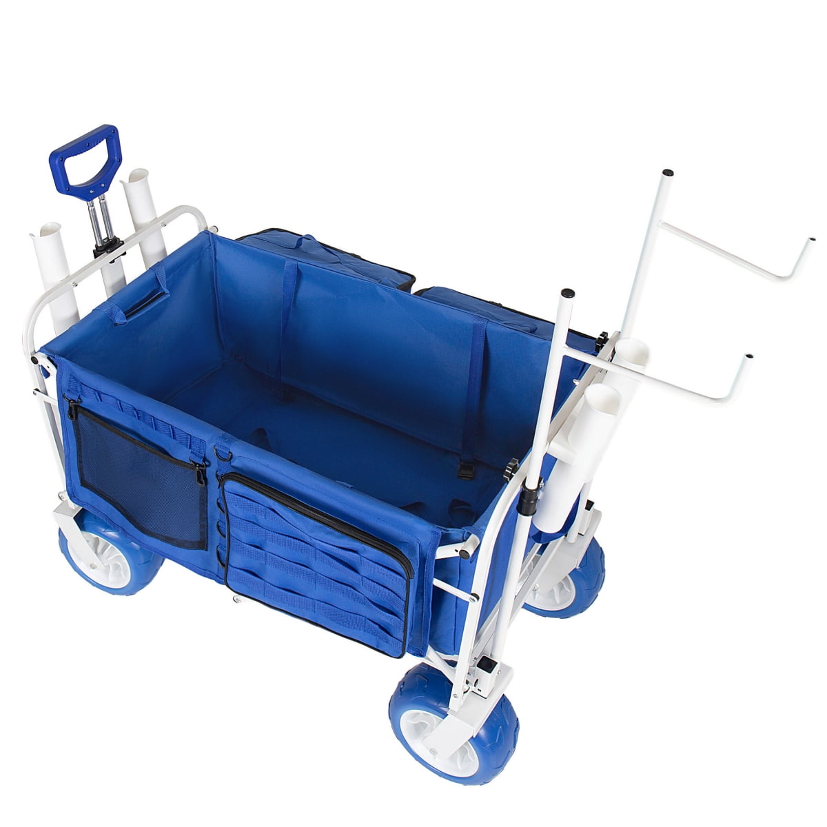 LuckyNote Beach Wagon Cart with Chair Racks & Fishing Rod Holders, 9" All-Terrain Wheels, 500lbs Heavy Duty Collapsible, Removable Cooler & Storage Bags, Blue