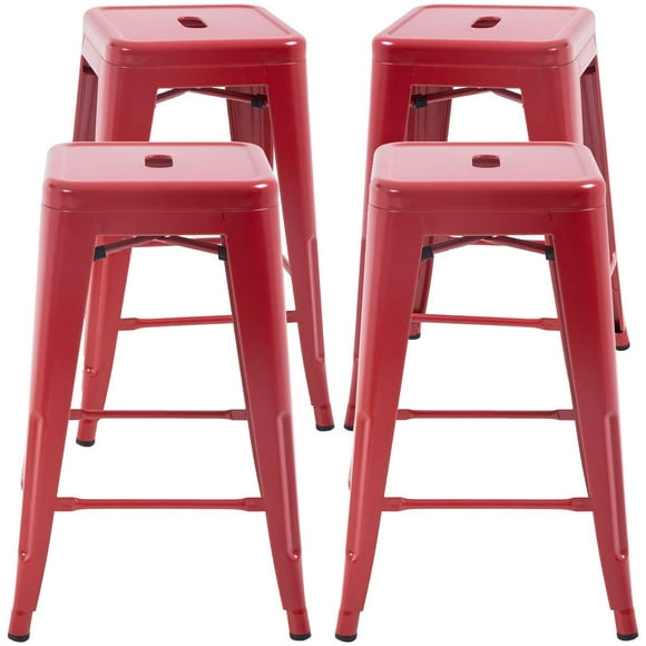 Metal Stools Bar Stools 24 Inch Counter Height Stackable Barstools Indoor Outdoor Patio Furniture Dining Backless Kitchen Bar Stools Set of 4 (Red)