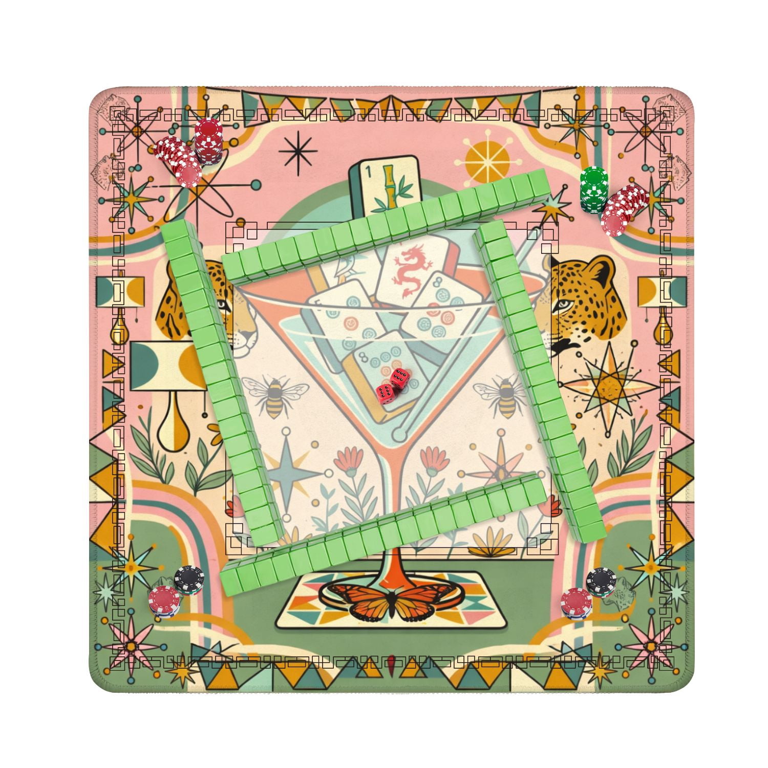 Mahjong Mat 31.5" x 31.5" Mid Century Modern Martini Glass Tigers Mahjong Tiles Floral Accents Non-Slip Noise Reduction American Mahjong Tiles Table Cover for Dominoes Poker Card Board Games Gift