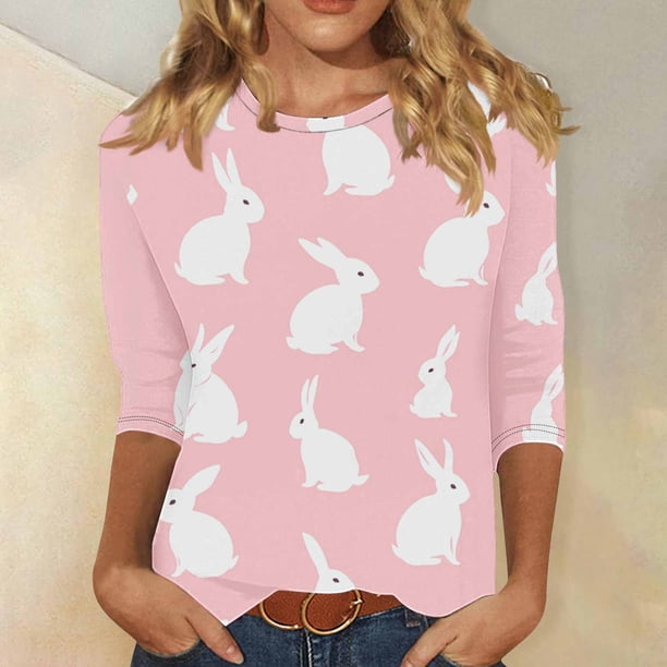 TaTaai Women Easter Print T-Shirt Crew Neck 3/4 Sleeve Casual Pullover Top Ladies Spring Daily Wear Lightweight Breathable Non-See-Through No Fading Soft Comfortable Fashion Top Gift