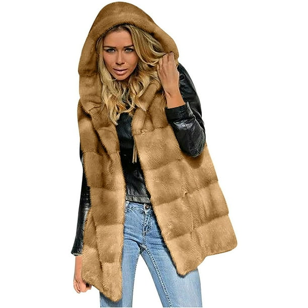 Chaquetas para mujer Faux-FurGilet Chaleco sin mangas Body Color sólido Chaqueta con capucha Abrigo Prendas de abrigo Odeerbi ODB-3