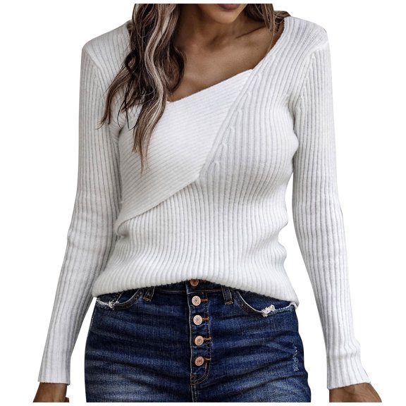 Lilgiuy Women's Long Sleeve Knitting Slimming Blouse Irregularity V-neck Sweaters,White,8 2022 Fall Winter