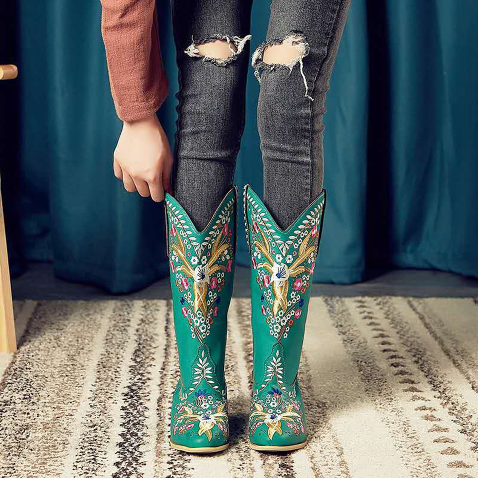 Womens Turquoise Sunflower Embroidered Leather Cowgirl Boots Snip Toe 