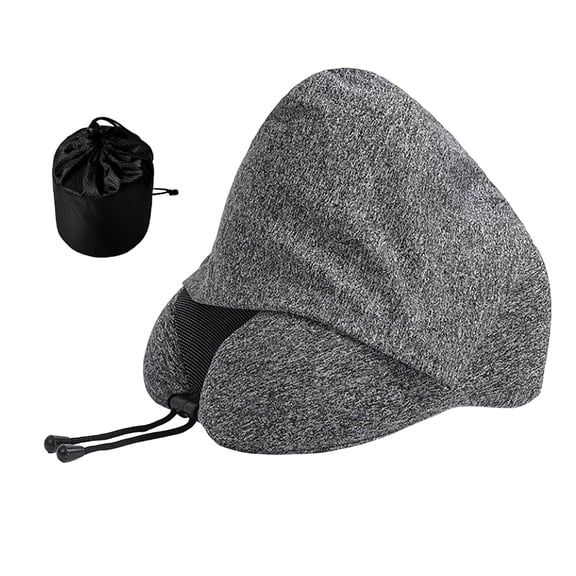 OIUR Travel Neck Pillow with Hood Memory Foam U-shaped Pillow with Adjustable Drawstring Breathable Neck Cushion for Airplane Car Long Flights Road Trips