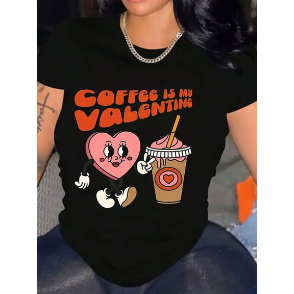 Funny Retro Heart Coffee Lover Valentine's Day Women Casual Graphic T-Shirt