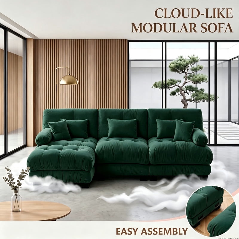 ANPPORT Cloud Couch Sleeper Sofa, Chenille Green 3-Seater Modular Sofa with 1 Ottomans, 3 Lumbar pillows, 2 Pillows, Comfy Deep Seat Cloud Sofa, Convertible L-Shaped Floor Couch for Living Room