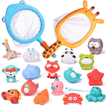 Fun Little Toys 18 Pcs Baby Bath Toys with Soft Cute Ocean Animals Bath Squirters and Fishing Net, Water Toys for Kids, Birthday Gifts for Boys & Girls