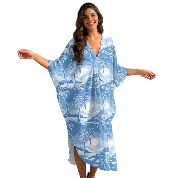 Xixirimido Blue Palm Trees Clouds Print Women Kaftan Dresses Plus Size Swimsuit Coverup Batwing Sleeve Summer Bathing Suit Caftan Loungewear Beach Cover Up