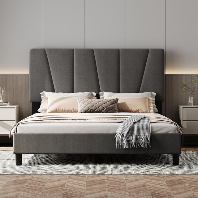 Bingirl Full Size Linen Upholstered Platform Bed: Adjustable Headboard, Sturdy Metal Support, Noise-Free, Easy Assembly (Dark Gray)