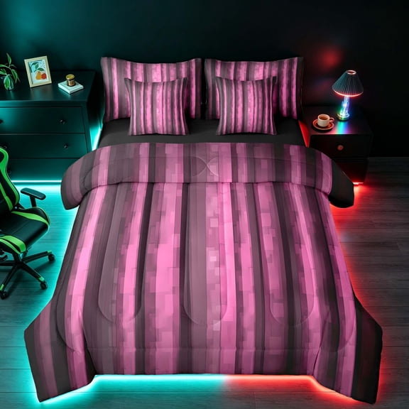 Manfei Pixel Vertical Streak Twin Bedding, Pink Block Bedding Comforter Set, Pink Black, Black Reversible 7 Pieces