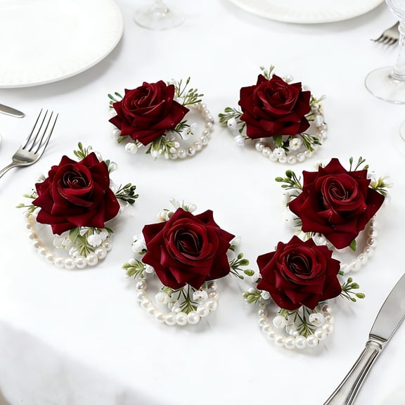 Set of 6 Rose Wrist Corsages for Wedding Corsage Flower Wristlet Floral Wedding Wrist Bridal Rose Leaf Hand Flowers for Bride Bridesmaid Prom Engagement Festival(Burgundy)