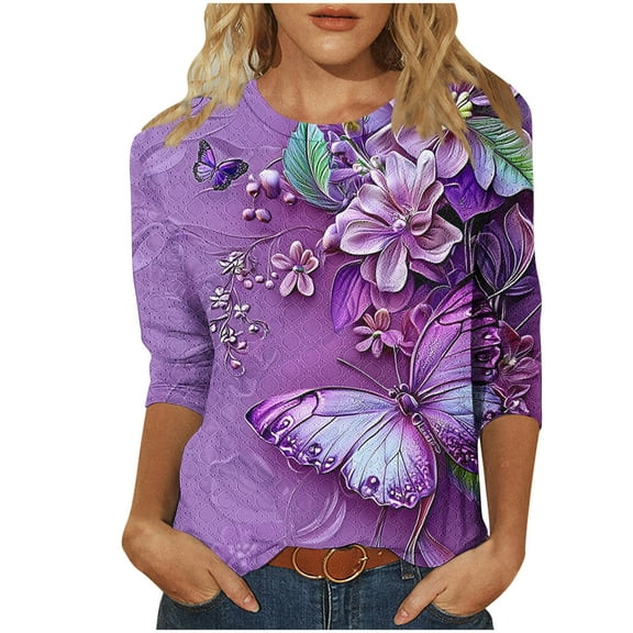 Ruimatai Women's Floral Print T-Shirt Casual Loose Fit Short Sleeve Blouse Soft Stretchy Polyester Top for Spring Summer Daily Wear