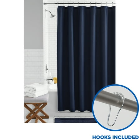 Blue Fabric Bathroom Set, 13-Piece Shower Curtain and Hooks, Mainstays Waffle Weave