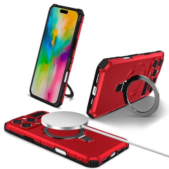 for iPhone 17 Pro Max Case with Stand, Magnetic Rugged Military Grade Shockproof Portective Case Compatible with MagSafe Wireless Charger&Magnetic Car Mount Holder For iPhone 17 Pro Max,Red