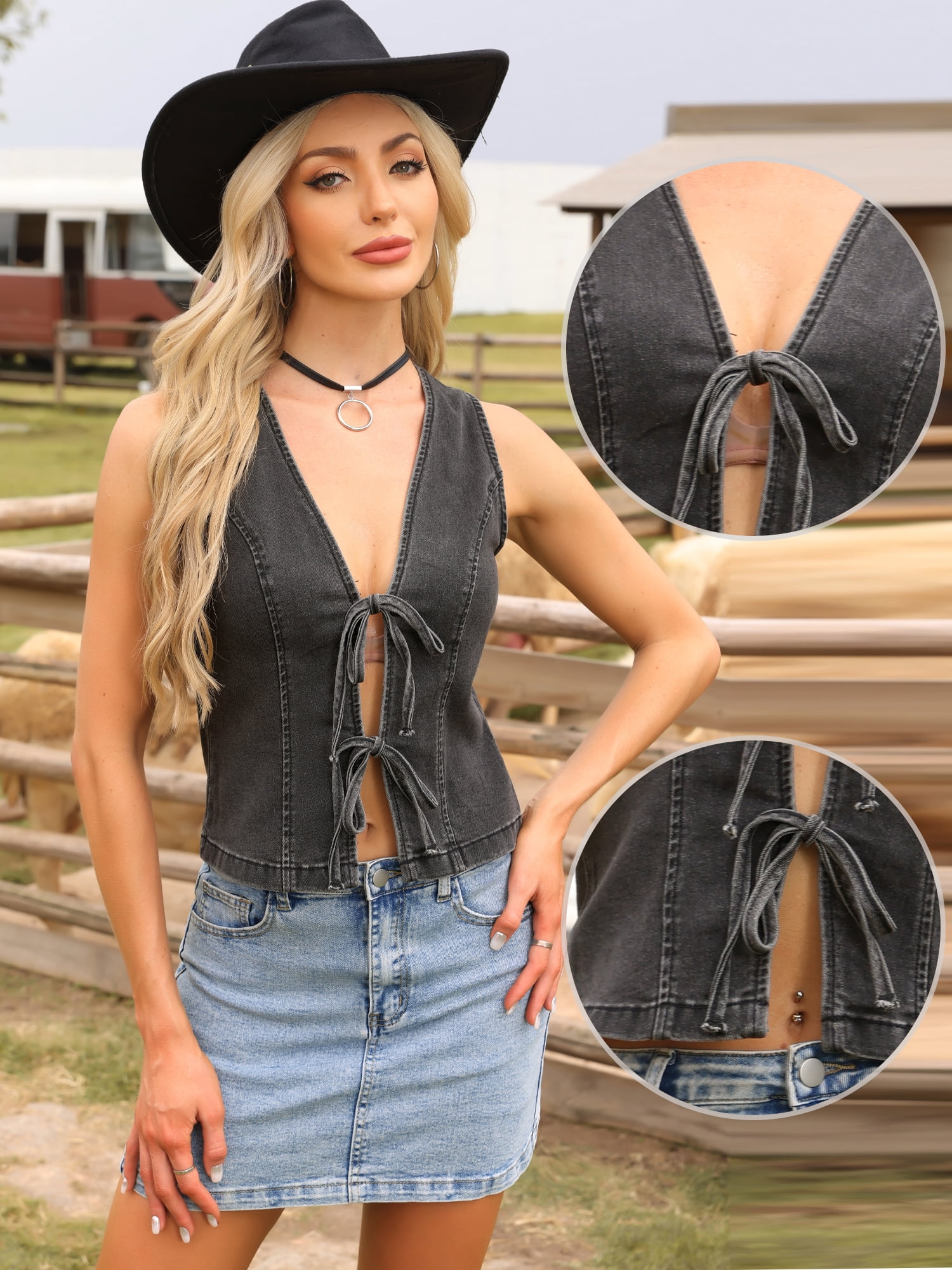 DARING DIVA Women's Deep V Neck Tie Bow Top Sleeveless Jean Vest S Black