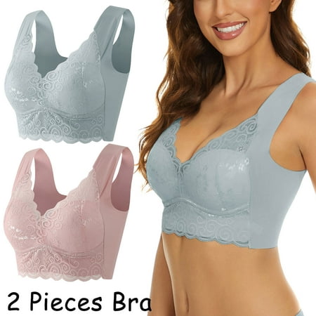 

Hunpta 2pcs Plus Size Bras For Women Chic Sexy Lace Push-up Wire-Free Bralette Comfy Wide Strap Female Anti-Sagging Bra