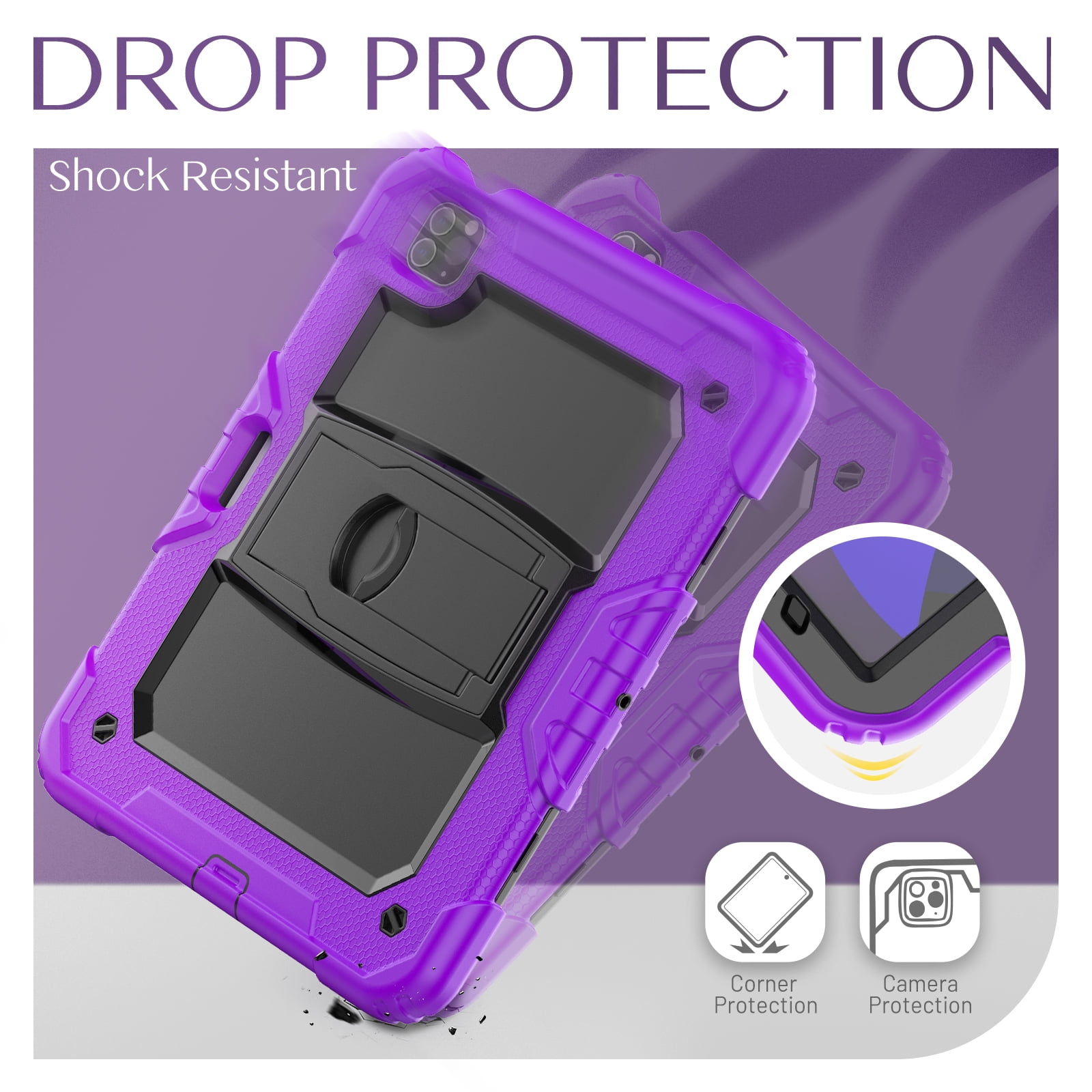 Shockproof Case for Apple iPad Air 11-inch 2024 iPad Pro 11 2022/2021/2020/2018 4th/ 3rd/ 2nd/1st/ iPad Air 4 5 10.9", Shoulder Strap Kids Case with Pencil Holder/Screen Protector,Purple