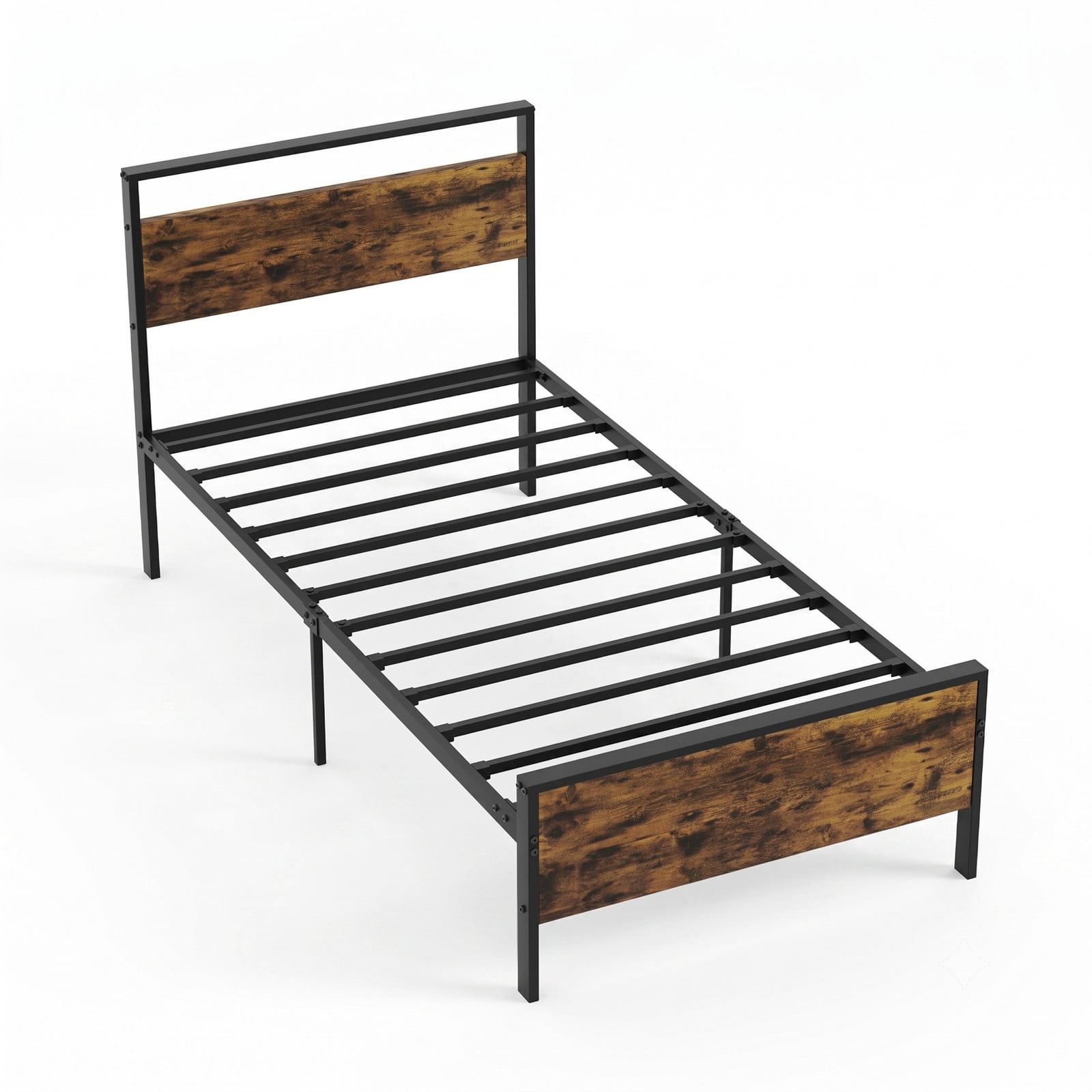 Furnibear Twin Metal Bed Frame Industrial Platform Bed with Wooden Headboard and Under Bed Storage Space for the Bedroom, Rustic Brown