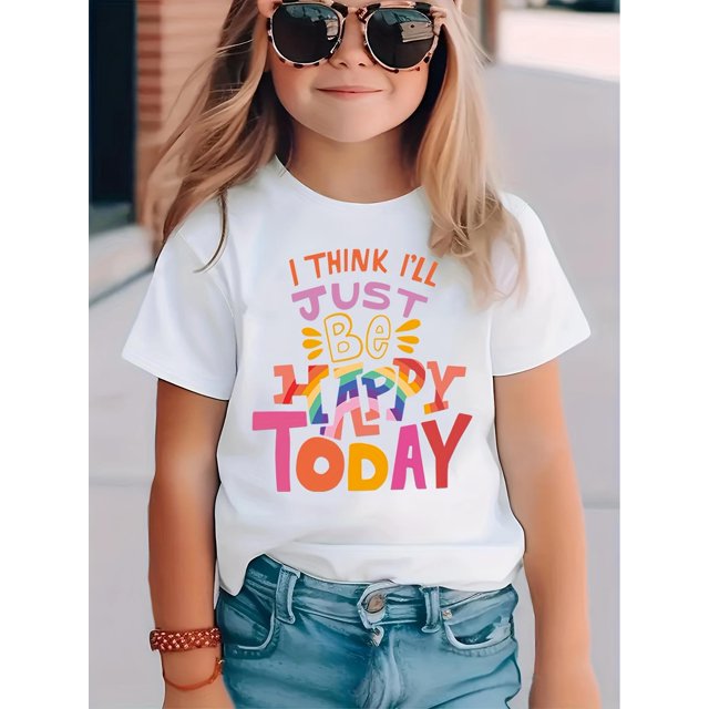 "I Will Be Happy Today" Letter Print Print Creative T-Shirts, Soft & Elastic Comfy Crew Neck Short Sleeve Tee, Suitable For Summer Leisure Outing Tees