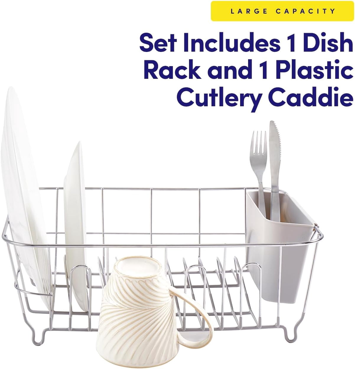 2 Piece Dish Drying Rack Set Drainer with Utensil Holder Simple Easy to Use Fits in Most Sinks, 14.5" x 13" x 5.25", Black