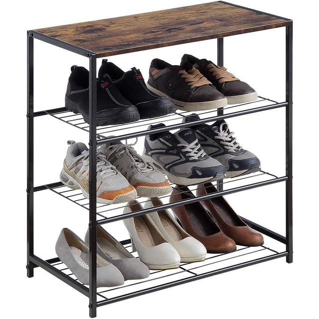 Metal Shoe Rack, All-Metal Shoe Tower, Shoe Storage Shelf with MDF Top Board, Each Tier Fits 3 Pairs of Shoes, Entryway Shoes Organizer with Sturdy Metal Shelves(4-Tier,Rustic Brown)